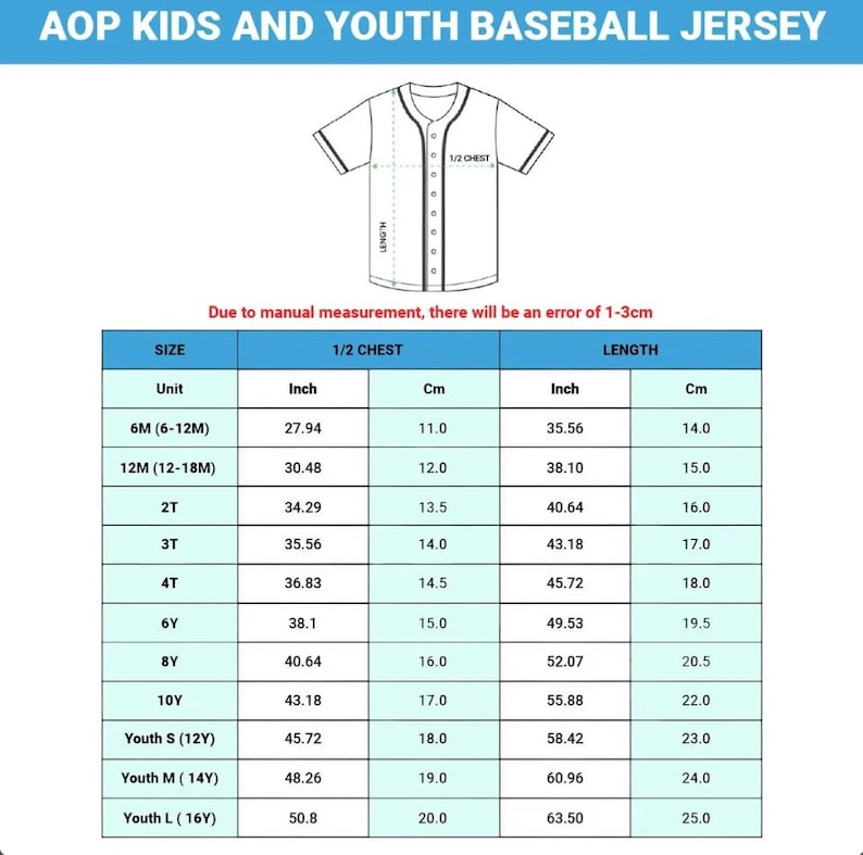 Puede incluir: Camiseta de b&eacute;isbol blanca con botones, mostrada con una tabla de tallas. La tabla proporciona medidas en pulgadas y cent&iacute;metros para tallas que van desde 6 meses hasta Youth Large (16Y). El texto "AOP KIDS AND YOUTH BASEBALL JERSEY" est&aacute; en la parte superior.