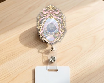 Coquette Bow Disney Epcot Badge Reel, Disney Castle Girl Trip Retractable ID Badge Holder, WDW Disneyland Trip Gift for Her NHNA07