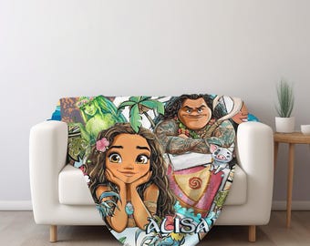 Personalized Disney Moana Princess Blanket, Moana Simea Maui Hei Hei Pua Blanket, Birthday Girl Gift Blanket, Disney Princess Blanket C1JY12