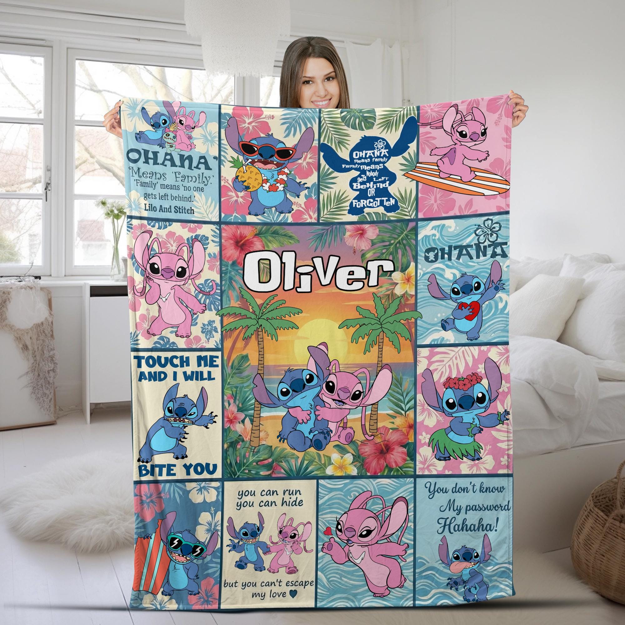 Discover Personalized Stitch Angel Disney Blanket, Custom Name Disney Stitch Blanket, Disney Trip Blanket Gifts, Ohana Means Birthday Blankets