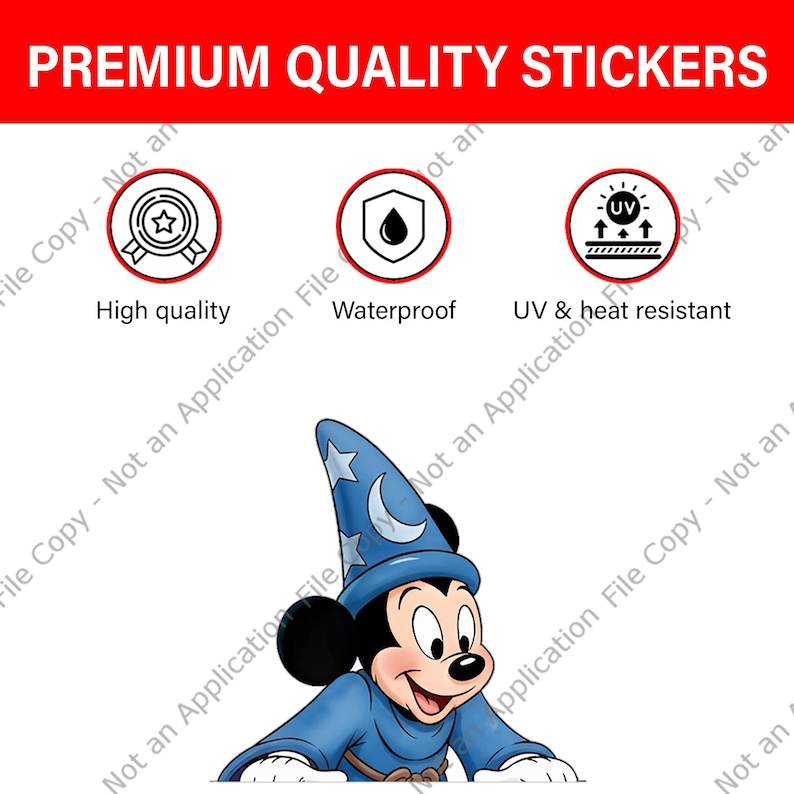 Puede incluir: Ilustraci&oacute;n de dibujos animados de Mickey Mouse vestido de mago, con un sombrero azul con estrellas y una luna creciente. El texto dice: "PREMIUM QUALITY STICKERS", "High quality", "Waterproof" y "UV & heat resistant".