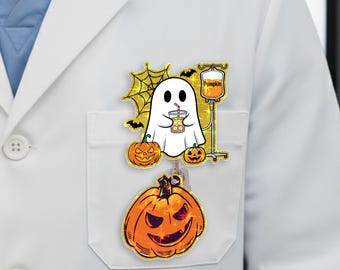Ghost Pumpkin Spice Glitter Badge Reel, Cute Halloween ID Holder, Nurse Teacher Fall Badge, Funny Spooky Accessory, Fall Work Gift JCRL09