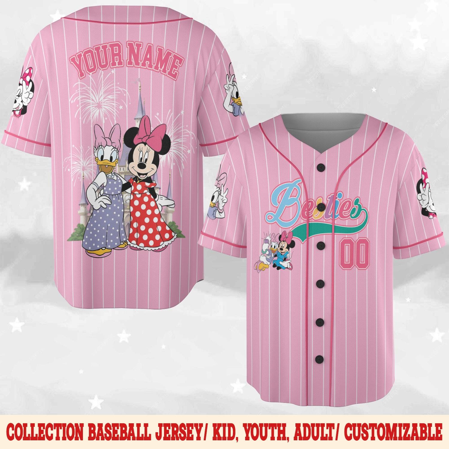 Discover Personalized Disney Minnie Daisy Bestie Baseball Jersey, Custom Disneyworld Girls Trip Jersey, Disney Besties Shirt, Disney Trip Tee