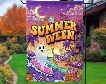 Summerween Garden Flag Skeleton Yard Decor Funny Summer Garden Decor Outdoor Sign Halloween Lawn Decor Summer Halloween Yard Flag C1IC09