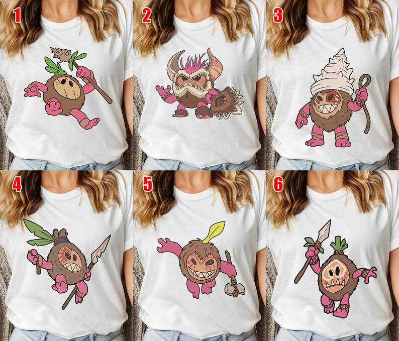 Puede incluir: Camisetas blancas con seis dise&ntilde;os diferentes de monstruos de dibujos animados. Cada monstruo tiene una apariencia &uacute;nica, con diferentes colores y accesorios. Los dise&ntilde;os incluyen criaturas con lanzas, garrotes y otras herramientas, todo en un estilo l&uacute;dico.