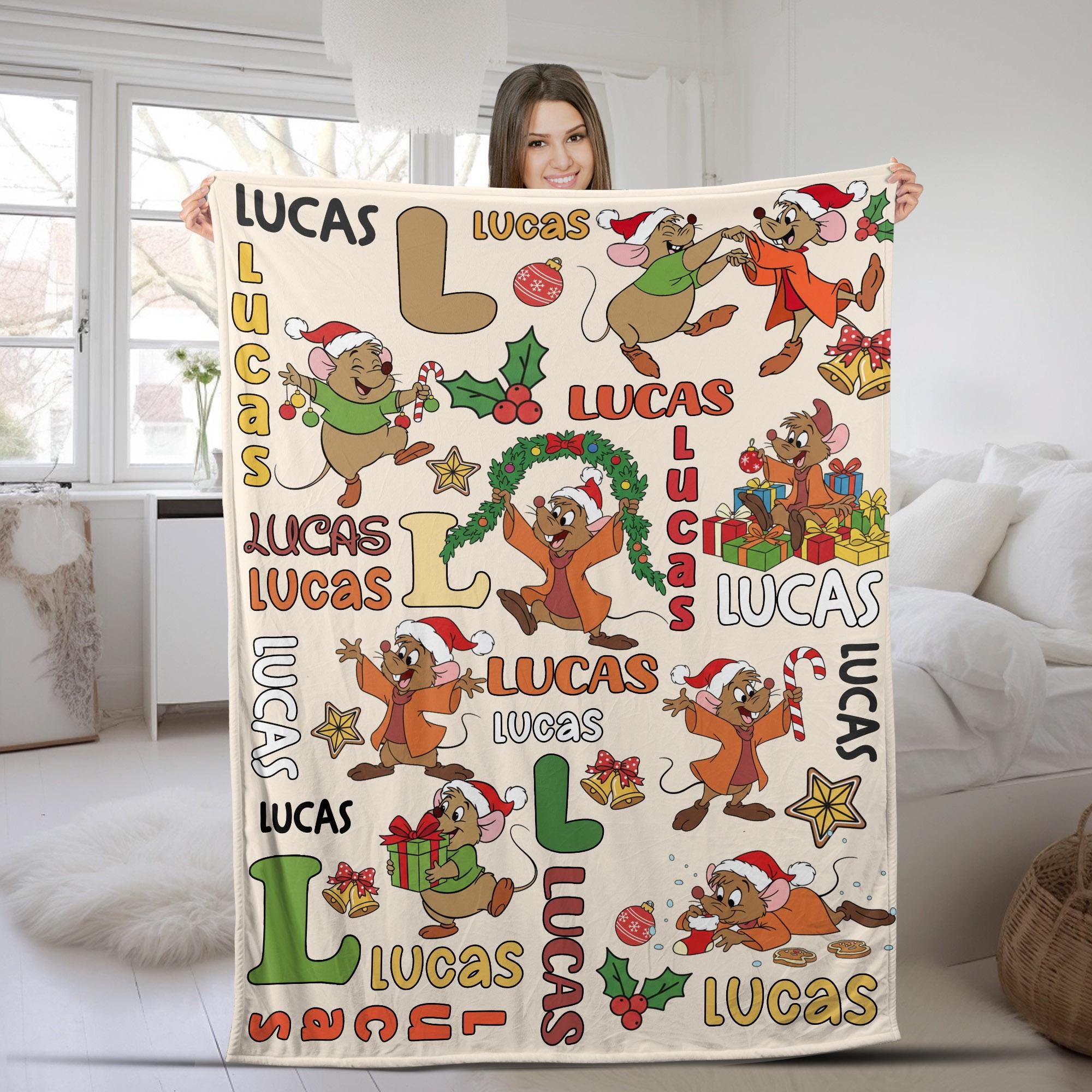 Discover Personalized Jaq and Gus Christmas Blanket, Custom Name Holiday Throw, Cute Mouse Christmas Gift