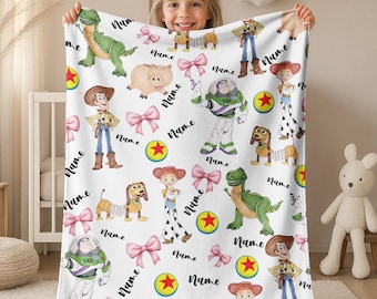 Personalized Watercolor Coquette Bows Disney Pixar Toy Story Blanket, WDW Disneyland Toy Story Birthday Blanket, Buzz Lightyear Rex JCQF12