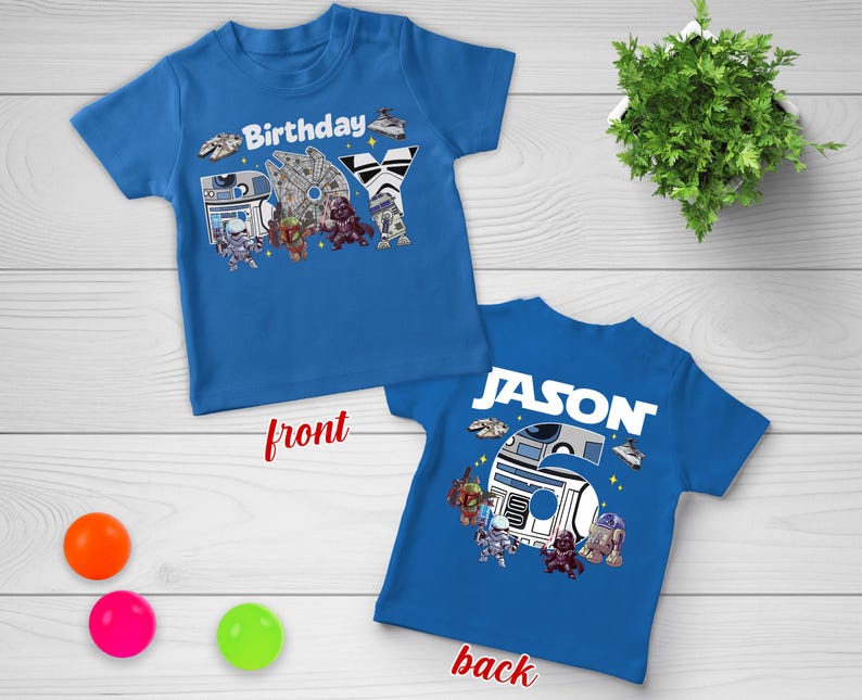 May include: Blue short-sleeved t-shirt with a Star Wars theme. The front features the word "Birthday" and "BOY" with character graphics. The back of the shirt has the name "JASON" and the number "6".