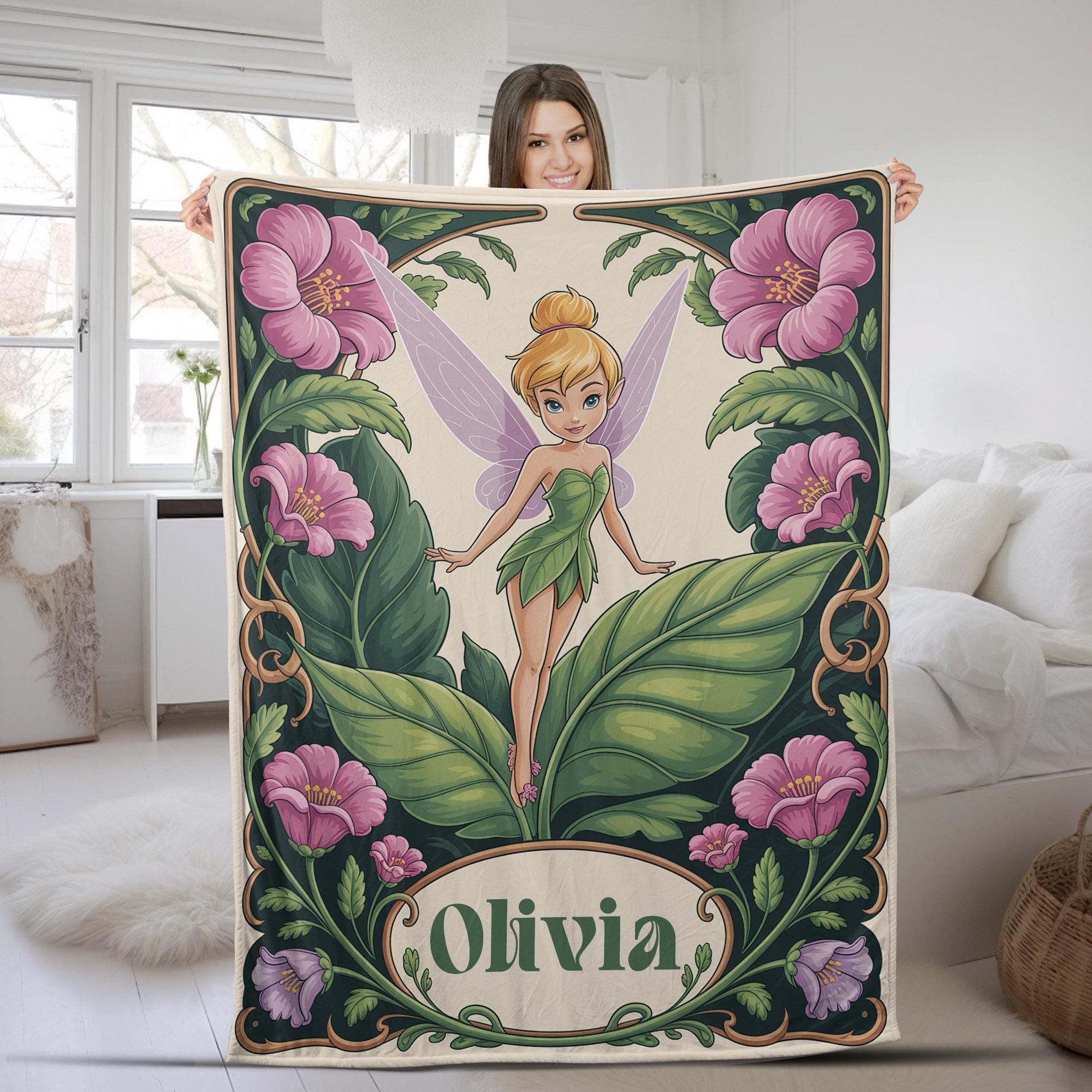 Discover Personalized Name Disney Tinker Bell Blanket, Magic Kingdom Fleece Mink Sherpa Blanket, Personalized Name Blanket, Gift For Fans