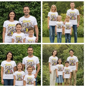 Pode incluir: Camisetas brancas com um design gr&aacute;fico colorido com personagens de desenhos animados, morcegos e o n&uacute;mero 3. A palavra "NAME" &eacute; impressa acima do gr&aacute;fico. As camisetas s&atilde;o usadas por uma fam&iacute;lia de quatro pessoas.