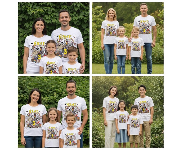 Pode incluir: Camisetas brancas com um design gr&aacute;fico colorido com personagens de desenhos animados, morcegos e o n&uacute;mero 3. A palavra "NAME" &eacute; impressa acima do gr&aacute;fico. As camisetas s&atilde;o usadas por uma fam&iacute;lia de quatro pessoas.