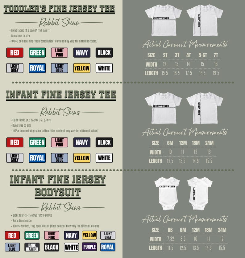Op de afbeelding: Productdetails voor fijne jersey T-shirts en rompertjes voor peuters en baby's. Kleuropties zijn rood, groen, roze, marineblauw, zwart, lichtgrijs, koningsblauw, geel, wit, donkergrijs en paars. Afmetingen worden voor elke maat verstrekt.