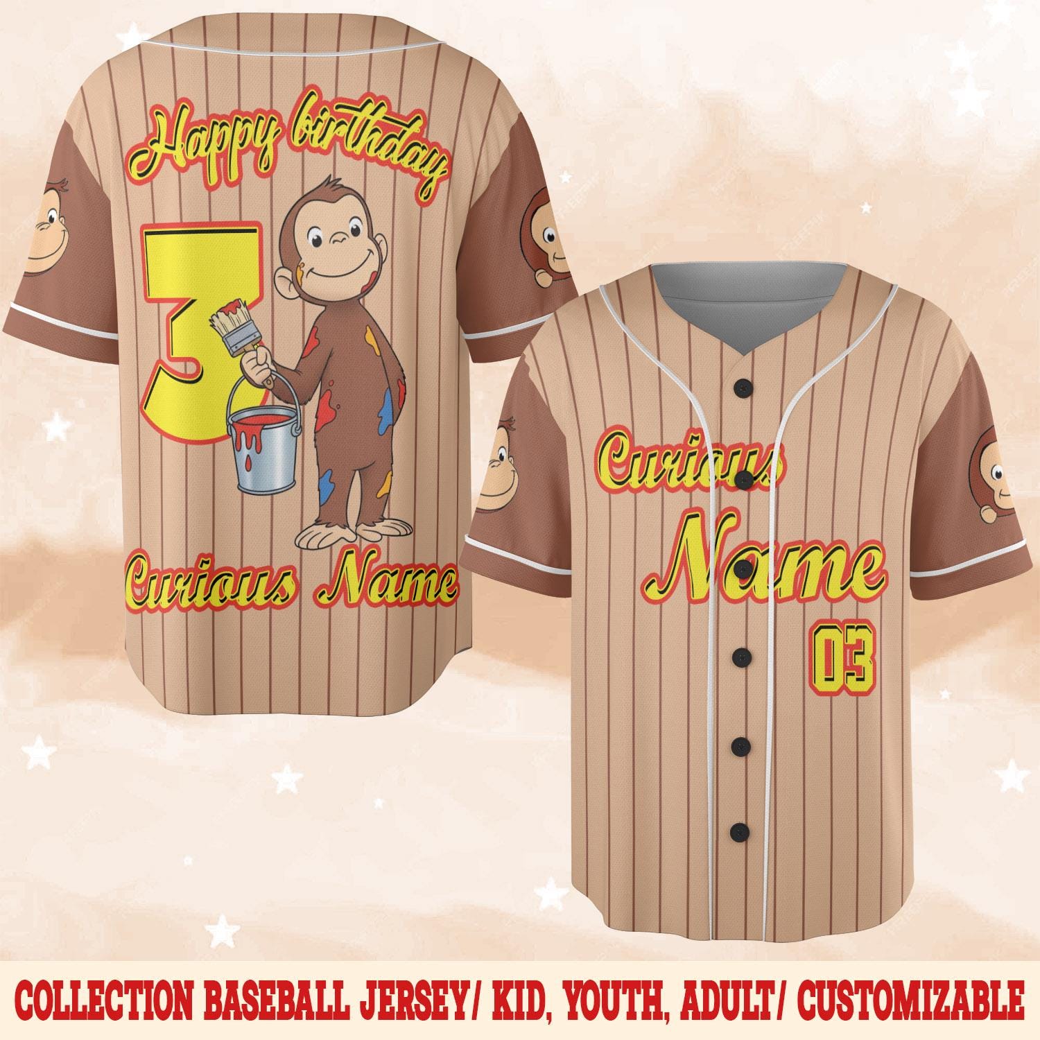 Discover Personalized Curious George Birthday Baseball Jersey: Custom Name Number Monkey Party Shirt