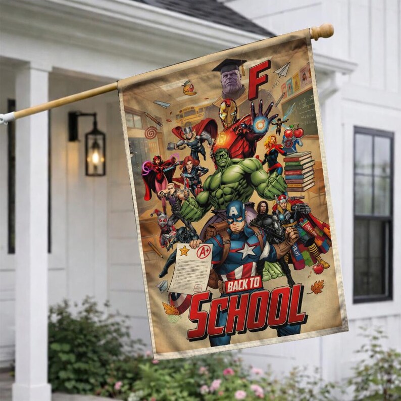 May include: A rectangular outdoor flag featuring a collage of Marvel superheroes with the text "BACK TO SCHOOL" in red. The flag has a vintage, aged paper appearance, with a wooden pole for hanging.