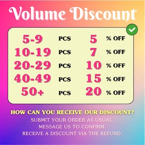 May include: A graphic with the text "Volume Discount" in a stylized font. It details discounts ranging from 5% to 20% off based on the number of pieces purchased, from 5 to 50 or more. Instructions on how to receive the discount are also included.