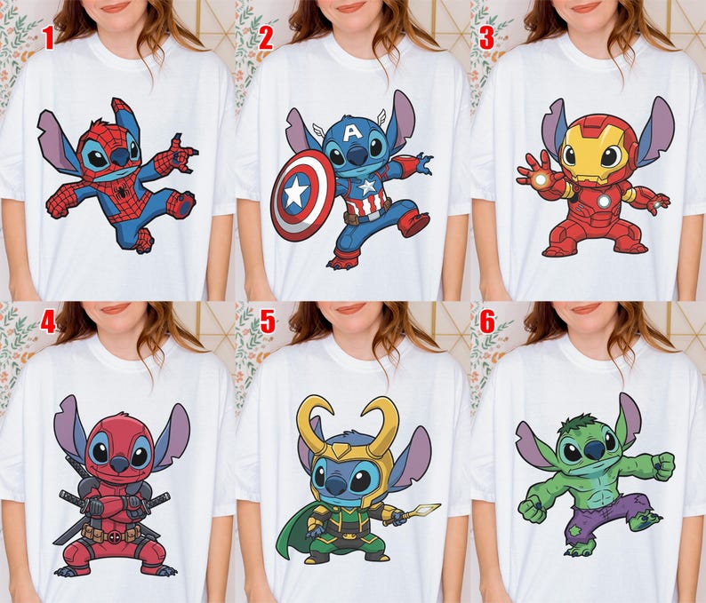 May include: White t-shirts featuring cartoon character Stitch in various superhero costumes. Designs include Spider-Man, Captain America, Iron Man, Deadpool, Loki, and the Hulk. Each shirt has a unique, colorful graphic.