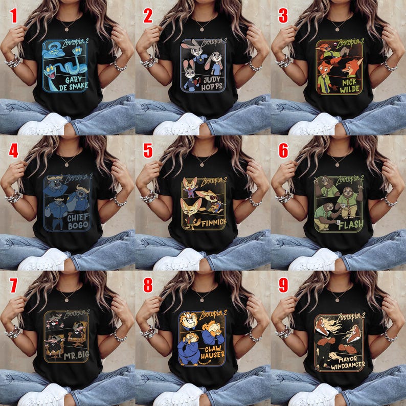 May include: Black t-shirts featuring characters from Zootopia 2. Each shirt displays a different character, including Gary De Snake, Judy Hopps, Nick Wilde, Chief Bogo, Finnick, Flash, Mr. Big, Claw Hauser, and Mayor Winddancer. The shirts have a rectangular design with the movie title.