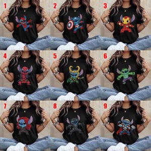 May include: Black short-sleeved t-shirts featuring various Stitch character designs in superhero costumes. Each shirt showcases a different character, including Spider-Man, Captain America, Iron Man, Deadpool, Loki, Hulk, and Thor.