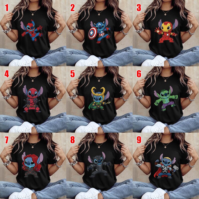 May include: Black short-sleeved t-shirts featuring various Stitch character designs in superhero costumes. Each shirt showcases a different character, including Spider-Man, Captain America, Iron Man, Deadpool, Loki, Hulk, and Thor.
