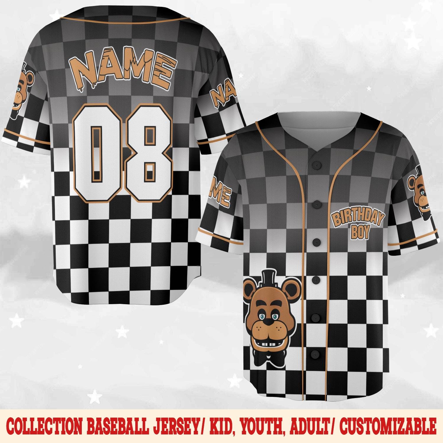Discover Freddy FNAF Birthday Baseball Jersey, Personalized Name Age Five Nights at Freddy