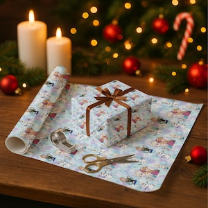 May include: A wrapped gift box with a brown ribbon sits on a roll of wrapping paper. The wrapping paper and gift box feature a light blue pattern with cartoon characters. A pair of gold scissors and tape dispenser are also present.