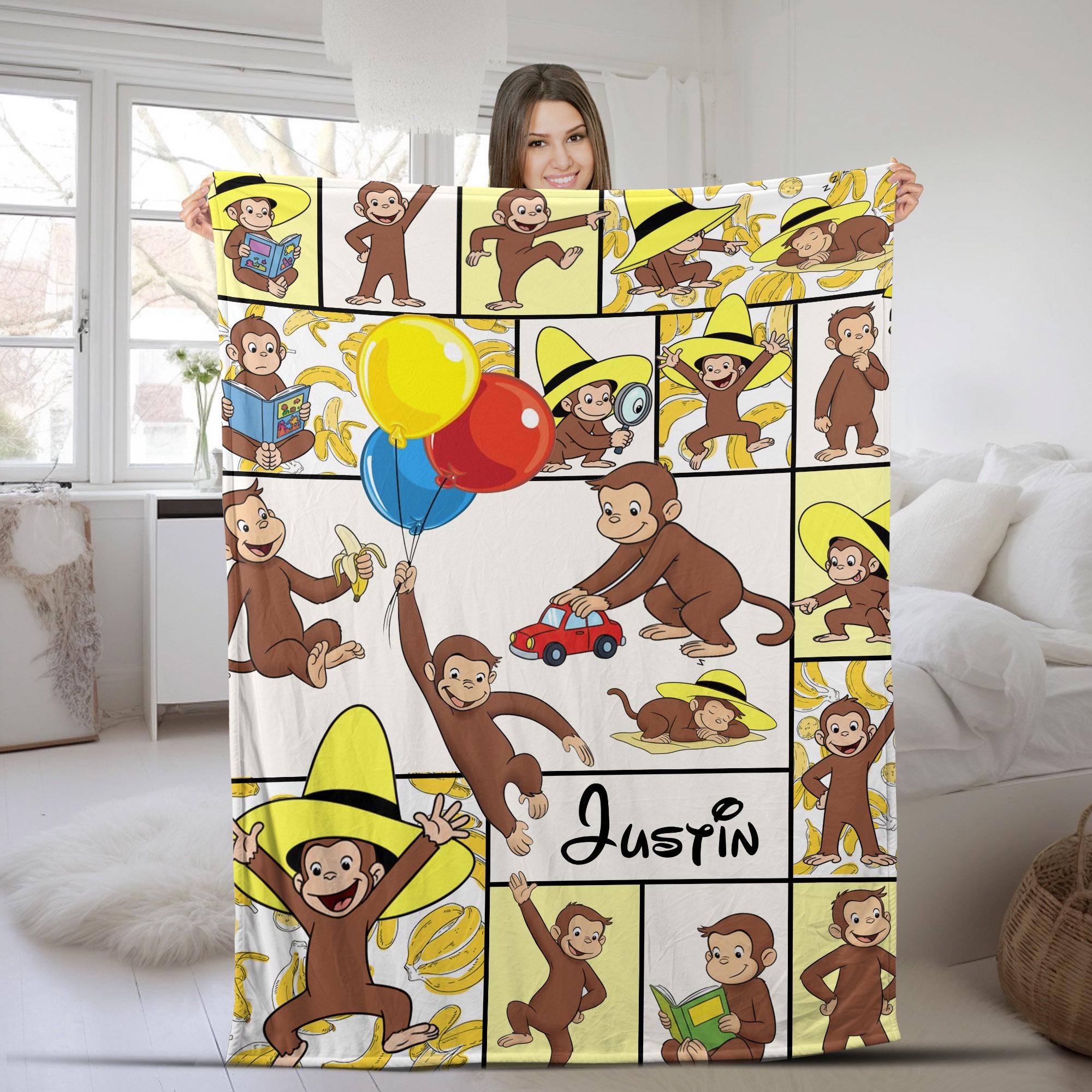 Discover Personalized Curious George Blanket, Custom Name Monkey Blanket, Kids Reading & Cartoon Blanket Gift