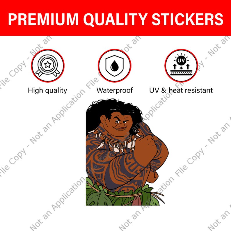 May include: A sticker sheet with the text "PREMIUM QUALITY STICKERS" in red. The sheet features icons indicating high quality, waterproof, and UV & heat resistance. A cartoon of a Polynesian man is also present.