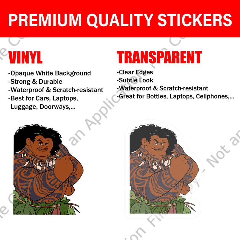 May include: The image showcases two sticker options: vinyl and transparent. The vinyl sticker features an opaque white background, is strong, durable, and waterproof. The transparent sticker has clear edges and a subtle look, also waterproof. Both feature a cartoon character.