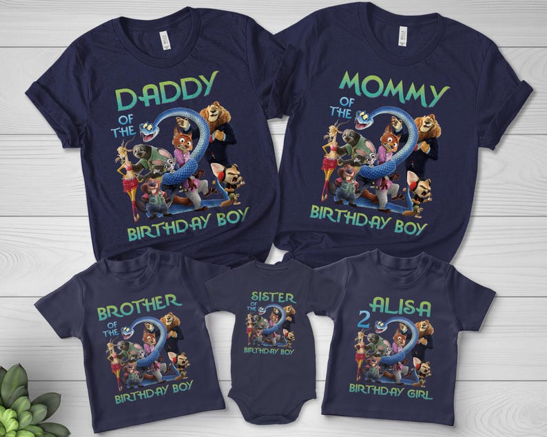 May include: Navy blue t-shirts with cartoon characters and text. The shirts read "Daddy of the Birthday Boy", "Mommy of the Birthday Boy", "Brother of the Birthday Boy", "Sister of the Birthday Boy", and "Alisa 2 Birthday Girl".