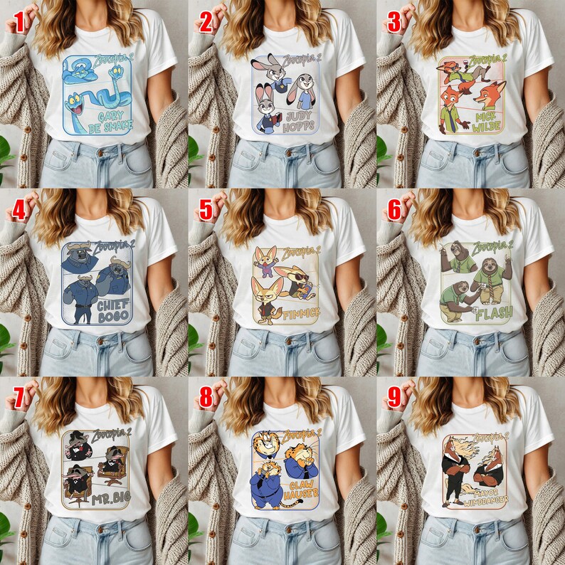 May include: White t-shirts featuring various characters from the animated film "Zootopia 2". Each shirt displays a different character or group of characters with text such as "Judy Hopps", "Chief Bogo", and "Flash".