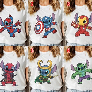 May include: White t-shirts featuring cartoon character Stitch dressed as various Marvel superheroes, including Spider-Man, Captain America, Iron Man, Deadpool, Loki, and Hulk. Each design is a colorful illustration on a short-sleeved tee.