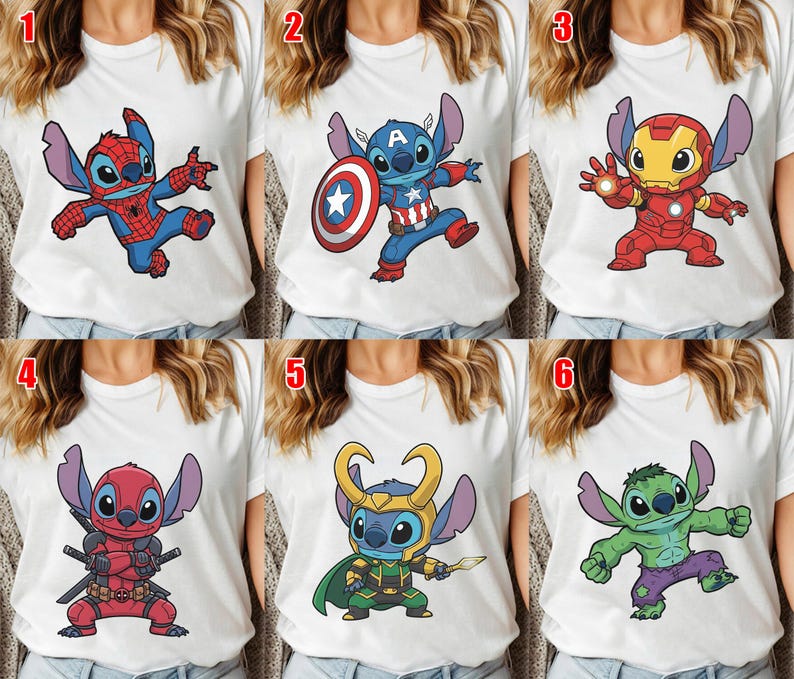 May include: White t-shirts featuring cartoon character Stitch dressed as various Marvel superheroes, including Spider-Man, Captain America, Iron Man, Deadpool, Loki, and Hulk. Each design is a colorful illustration on a short-sleeved tee.