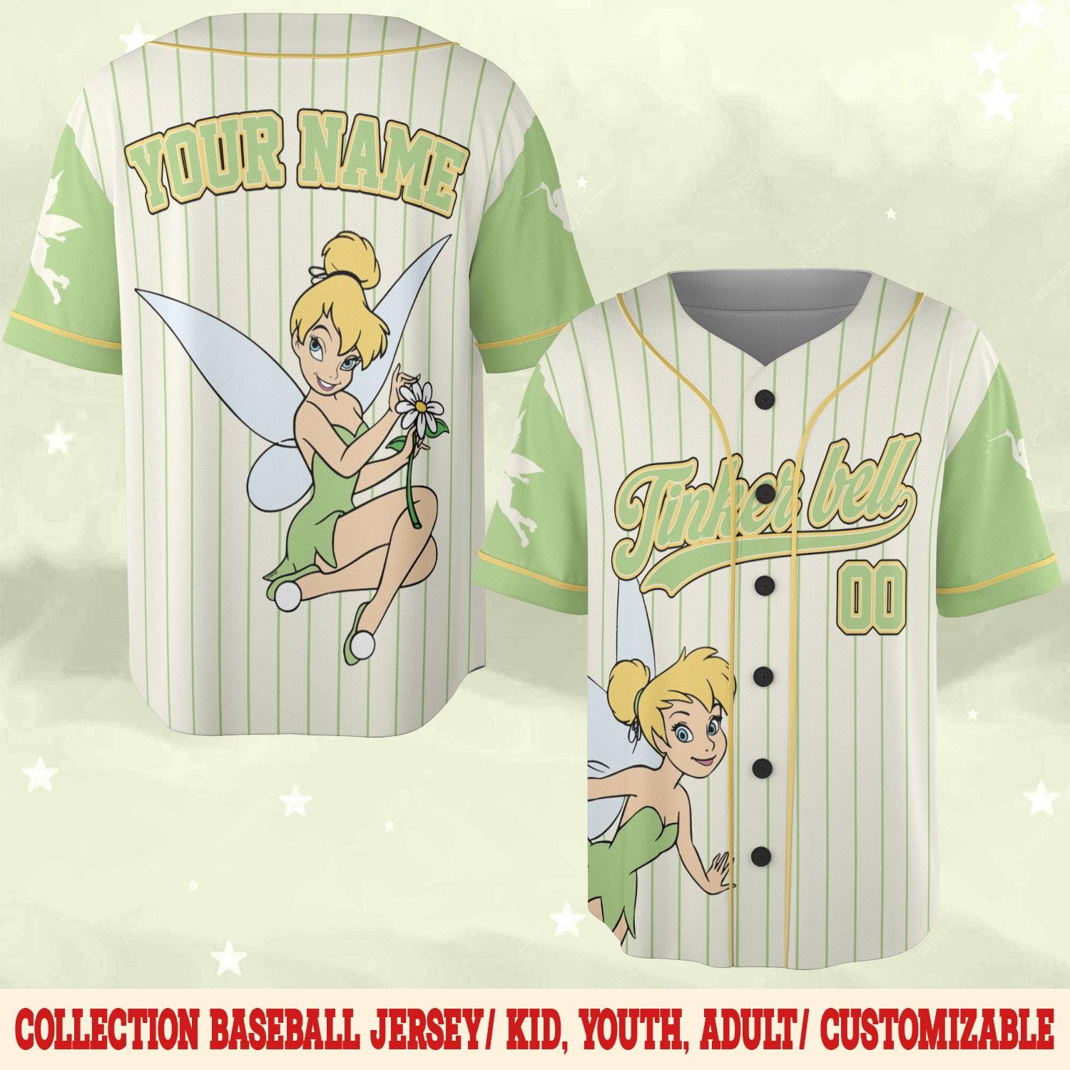 Discover Personalized Tinkerbell Birthday Baseball Jersey, Custom Name Age Disney Fairy Party Kid Adult Shirt