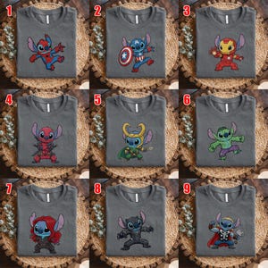 May include: Nine gray t-shirts, each featuring a different Stitch character dressed as a Marvel superhero. The designs include Spider-Man, Captain America, Iron Man, Deadpool, Loki, Hulk, Black Widow, Black Panther, and Thor. The shirts are displayed on a woven surface.