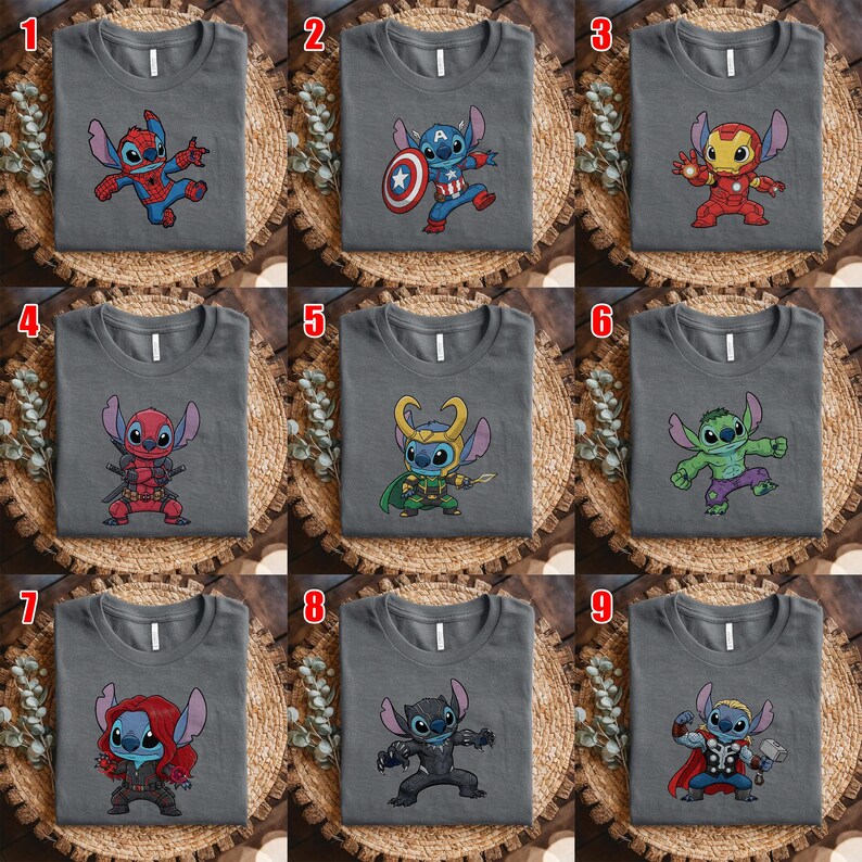 May include: Nine gray t-shirts, each featuring a different Stitch character dressed as a Marvel superhero. The designs include Spider-Man, Captain America, Iron Man, Deadpool, Loki, Hulk, Black Widow, Black Panther, and Thor. The shirts are displayed on a woven surface.