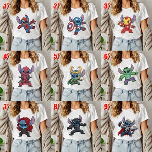 May include: White t-shirts featuring cartoon character Stitch in various superhero costumes. Designs include Spider-Man, Captain America, Iron Man, Deadpool, Loki, Hulk, Black Widow, Black Panther, and Thor. The shirts are displayed on a person.