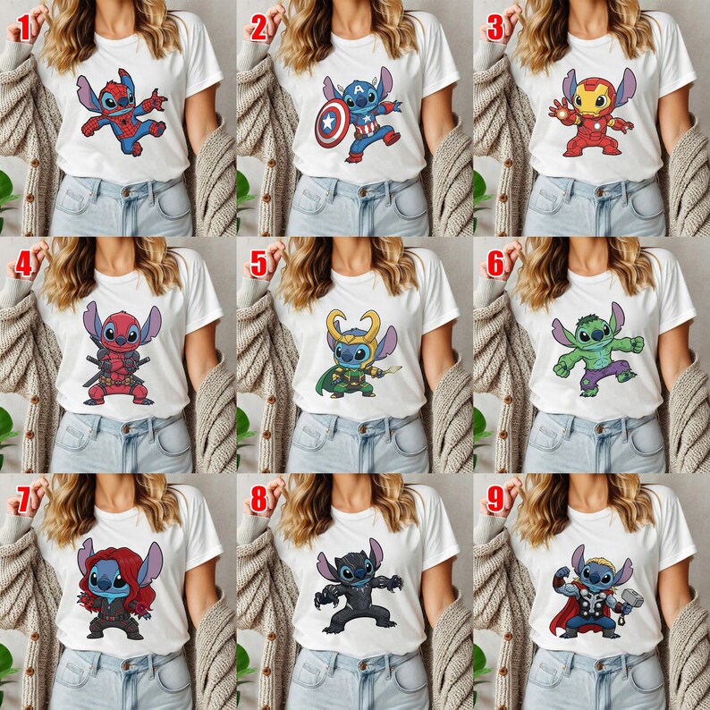 May include: White t-shirts featuring cartoon character Stitch in various superhero costumes. Designs include Spider-Man, Captain America, Iron Man, Deadpool, Loki, Hulk, Black Widow, Black Panther, and Thor. The shirts are displayed on a person.