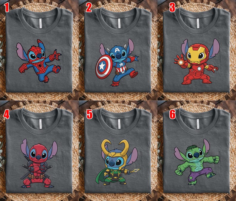 May include: Six gray t-shirts with different Stitch character designs. The designs include Stitch as Spider-Man, Captain America, Iron Man, Deadpool, Loki, and the Hulk. Each shirt has a unique graphic of Stitch in a superhero costume.