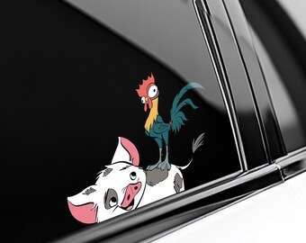 Pua And Heihei Moana Peekaboo Peeker Peeking Car Window Decals - Bumper Waterproof Stickers - Pack Stickers - Disney Moana Sticker C1GI11