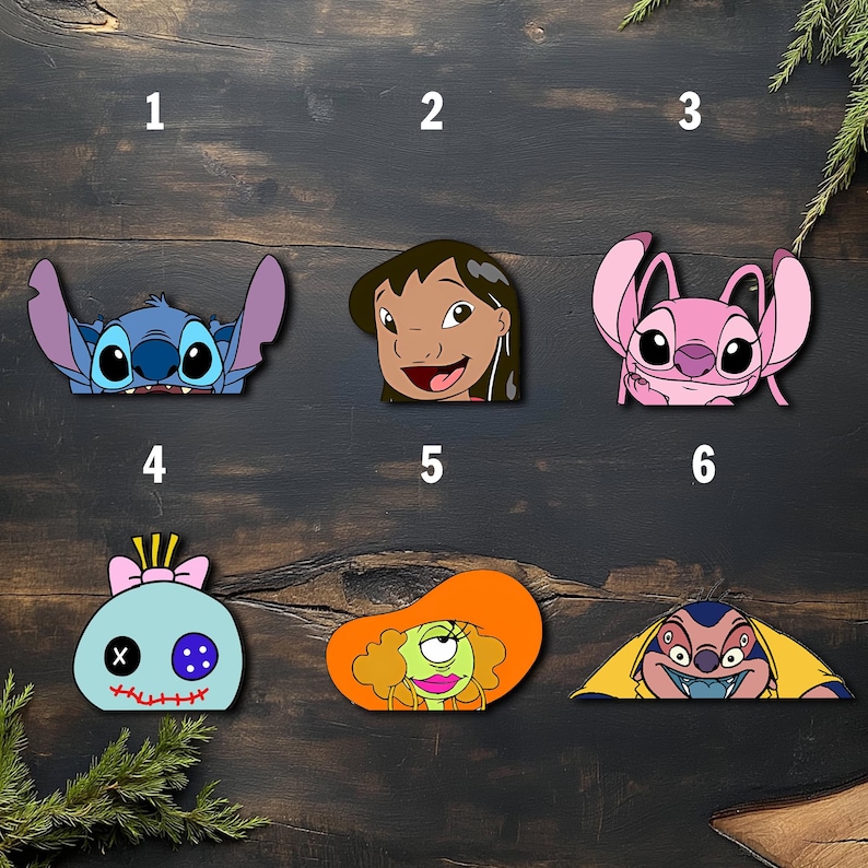 May include: A collection of six colorful character cutouts from the animated film Lilo & Stitch. The cutouts feature Stitch, Lilo, Angel, Scrump, Gantu, and another character. Each cutout is a different shape and color, with a cartoonish design.