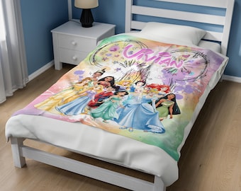Personalized Disney Princess blanket, Watercolor Castle Coquette Blanket, Belle Rapunzel Ariel Elsa blanket, Birthday Girl gift C1IG14