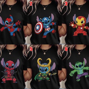 May include: Black t-shirts featuring Stitch dressed as various Marvel superheroes: Spider-Man, Captain America, Iron Man, Deadpool, Loki, and the Hulk. Each design showcases Stitch in a superhero costume, with vibrant colors and detailed illustrations.