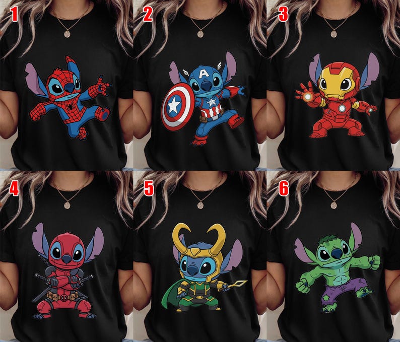 May include: Black t-shirts featuring Stitch dressed as various Marvel superheroes: Spider-Man, Captain America, Iron Man, Deadpool, Loki, and the Hulk. Each design showcases Stitch in a superhero costume, with vibrant colors and detailed illustrations.