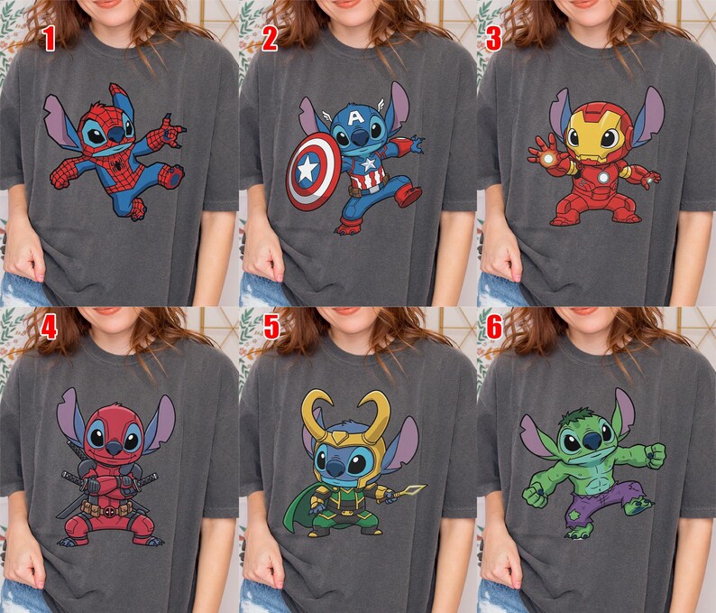 May include: Six dark gray t-shirts featuring cartoon character Stitch in various superhero costumes: Spider-Man, Captain America, Iron Man, Deadpool, Loki, and Hulk. Each design is colorful and detailed.