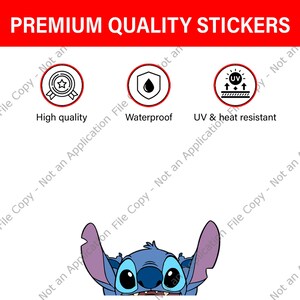 May include: A sticker sheet with the text "PREMIUM QUALITY STICKERS" at the top. Below are icons indicating high quality, waterproof, and UV & heat resistant. A blue cartoon character is at the bottom.
