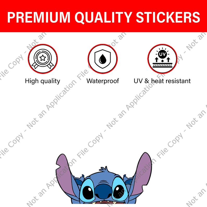 May include: A sticker sheet with the text "PREMIUM QUALITY STICKERS" at the top. Below are icons indicating high quality, waterproof, and UV & heat resistant. A blue cartoon character is at the bottom.