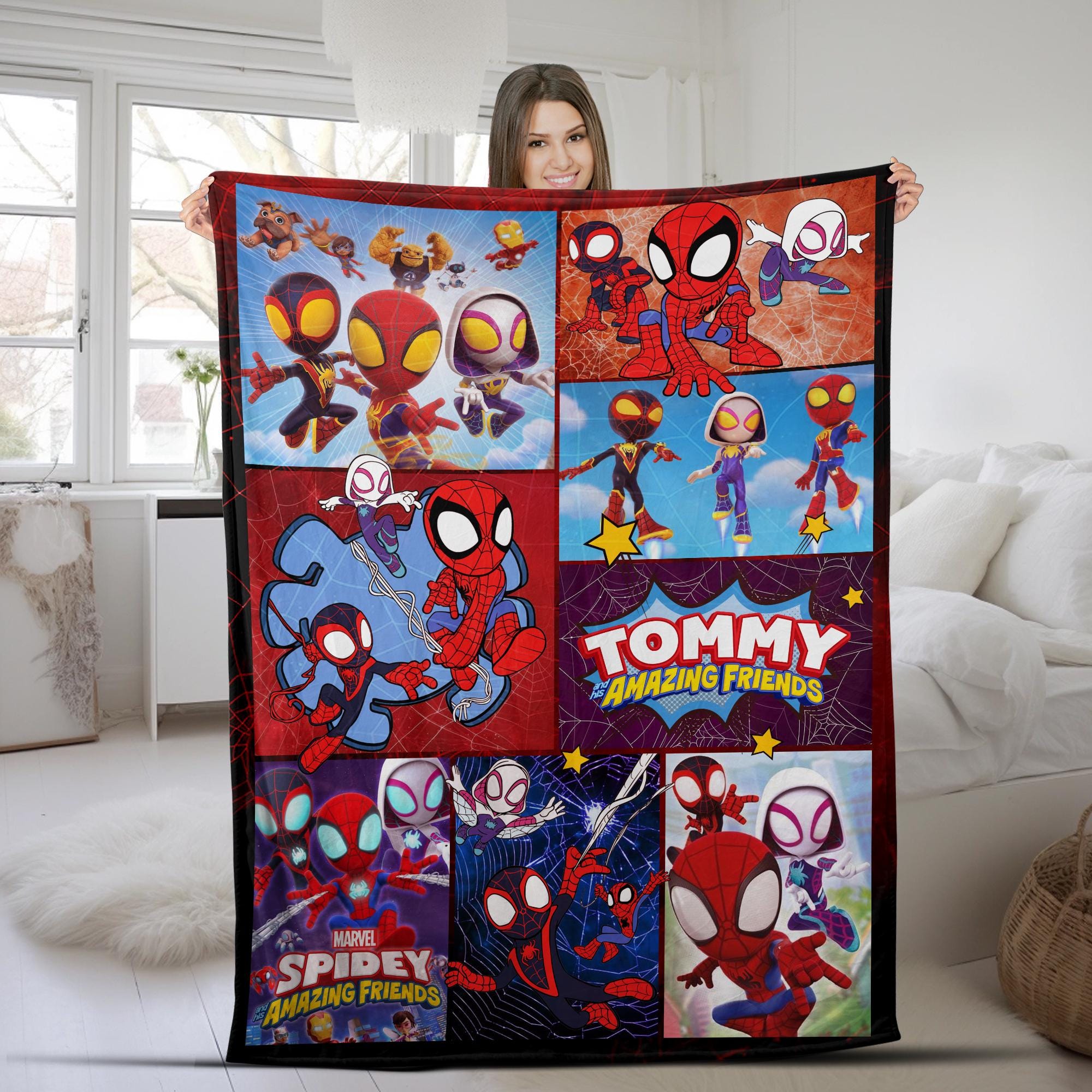Discover Personalized Name Spider Gwen Blanket, Spiderman Blanket, Spidey and His Amazing Friends Blanket, Cartoon Spidey Fleece Mink Sherpa