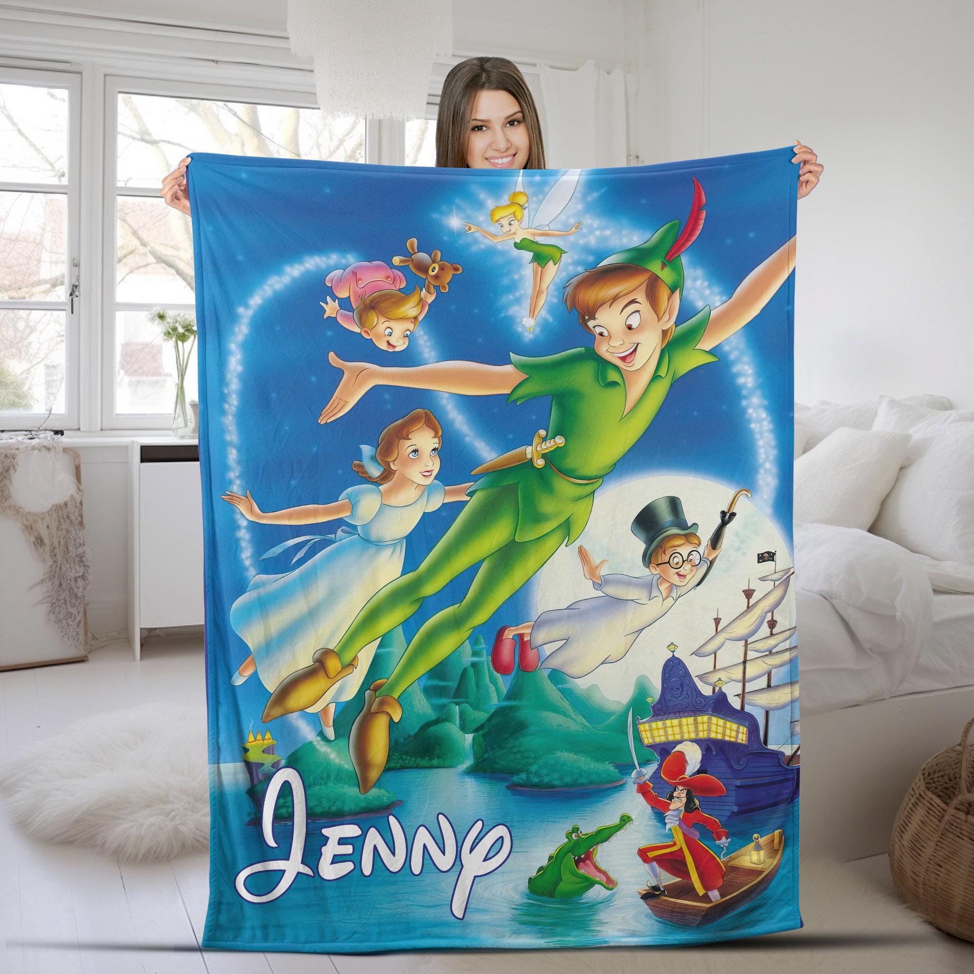 Discover Personalized Disney Peter Pan Never Grow Up Blanket, Custom Name Baby Girl Tinker Bell Wendy Flight Neverland Gift, Disneyland Kids