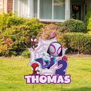 A Spider-Man themed birthday sign for a child named Thomas, featuring Spider-Man characters and the number "2".