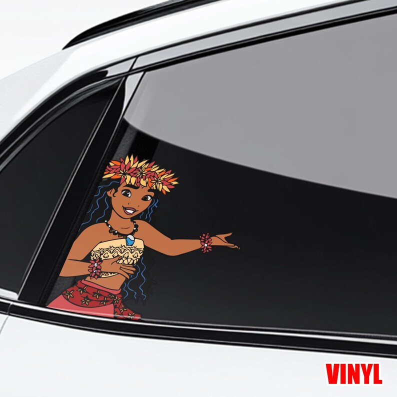 May include: A vinyl decal featuring a cartoon character with a floral crown, necklace, and bracelets, set against a car window. The character is depicted with brown skin, blue hair, and a welcoming gesture. The word "VINYL" is printed in red.